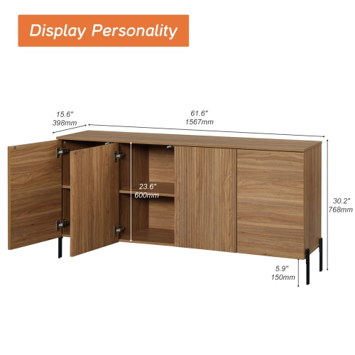 WAMPAT Fluted Sideboard Buffet Cabinet, 61.6" Kitchen Storage Cabinets with 4 Doors & Adjustable Shelves, Modern Coffee Bar Accent Cabinet Credenza