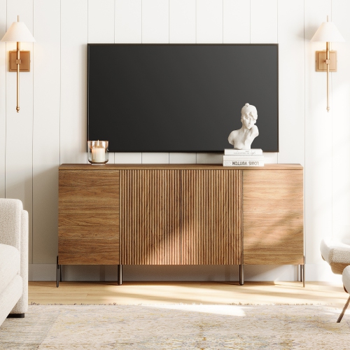 WAMPAT Fluted Sideboard Buffet Cabinet, 61.6" Kitchen Storage Cabinets with 4 Doors & Adjustable Shelves, Modern Coffee Bar Accent Cabinet Credenza