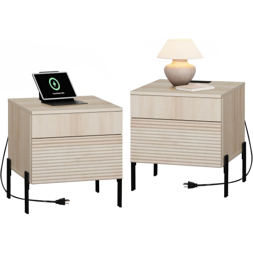 WAMPAT Fluted Nightstands Set of 2 with Charging Station, 18” Bedside Table with 4 Drawers, End Table Night Stand with USB Ports and Outlets for