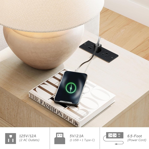 WAMPAT Fluted Nightstands Set of 2 with Charging Station, 18” Bedside Table with 4 Drawers, End Table Night Stand with USB Ports and Outlets for