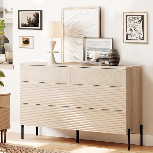 Commode cannelée à 6 tiroirs WAMPAT, commode moderne en bois de 47,2 po de largeur pour chambre à coucher, table à langer avec rangement pour