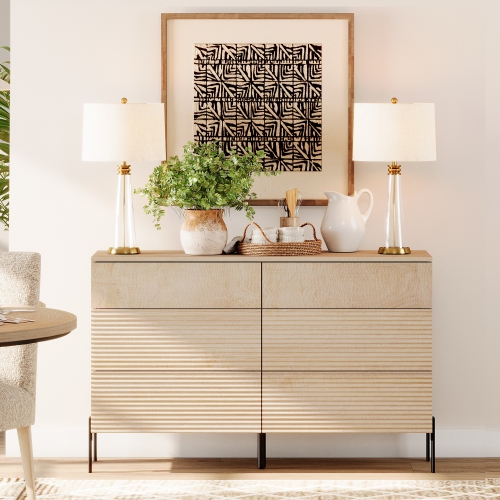 Commode cannelée à 6 tiroirs WAMPAT, commode moderne en bois de 47,2 po de largeur pour chambre à coucher, table à langer avec rangement pour