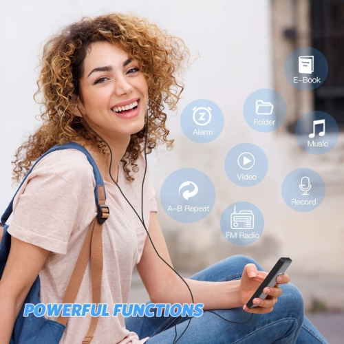 Portable MP3 player with Bluetooth FM, MP4 e-book reader, and lossless music player, 32GB memory card - Blue and White