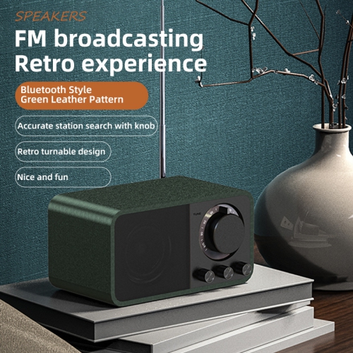 Portable Bluetooth speaker, digital radio, retro FM radio, rechargeable music player, leather green.