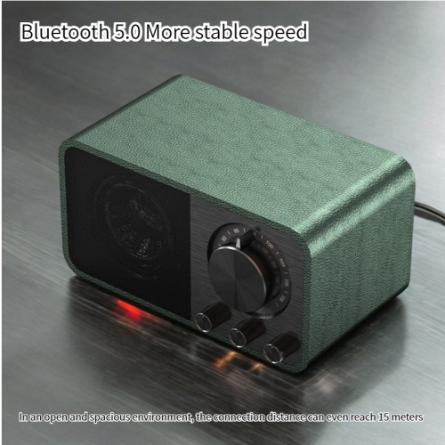 Portable Bluetooth speaker, digital radio, retro FM radio, rechargeable music player, leather green.