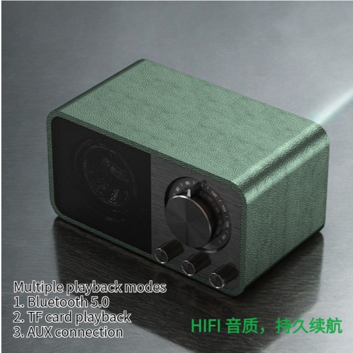Portable Bluetooth speaker, digital radio, retro FM radio, rechargeable music player, leather green.