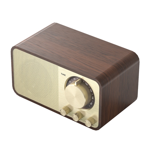 Portable Bluetooth speaker, digital radio, retro FM radio, rechargeable music player, wood grain finish.