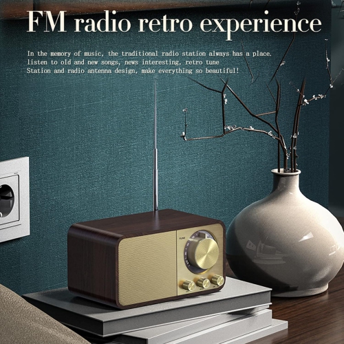 Portable Bluetooth speaker, digital radio, retro FM radio, rechargeable music player, wood grain finish.
