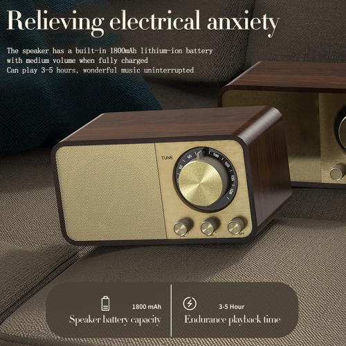 Portable Bluetooth speaker, digital radio, retro FM radio, rechargeable music player, wood grain finish.