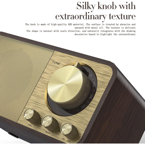 Portable Bluetooth speaker, digital radio, retro FM radio, rechargeable music player, wood grain finish.