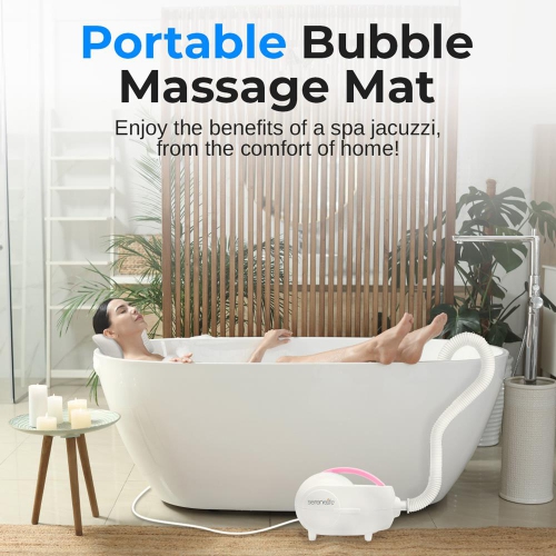 SereneLife Heated Bubble Bath Mat - Portable Spa Massager with Waterproof Light, Customizable Bubble Intensity, Pillow & Remote for Ultimate Comfort