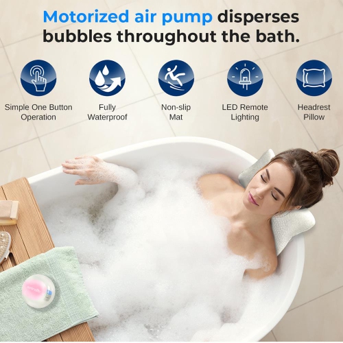 SereneLife Heated Bubble Bath Mat - Portable Spa Massager with Waterproof Light, Customizable Bubble Intensity, Pillow & Remote for Ultimate Comfort