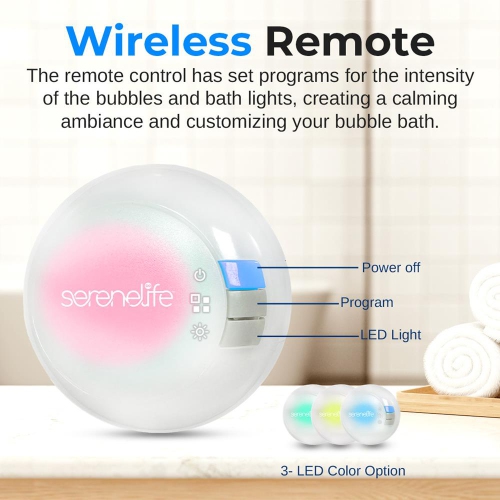 SereneLife Heated Bubble Bath Mat - Portable Spa Massager with Waterproof Light, Customizable Bubble Intensity, Pillow & Remote for Ultimate Comfort