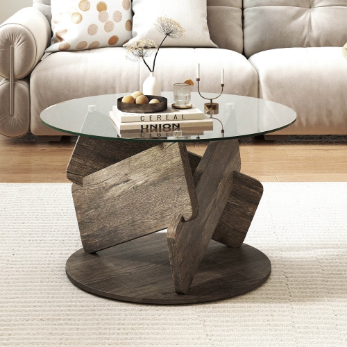 Costway Round Glass Coffee Table 32" Modern Center Table with Clear Tempered Glass Top