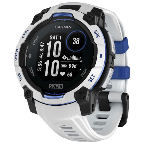 Montre intelligente multisport Bluetooth Instinct 3 Solar de 45 mm de Garmin - Blanc/Bracelet silicone bleu électrique