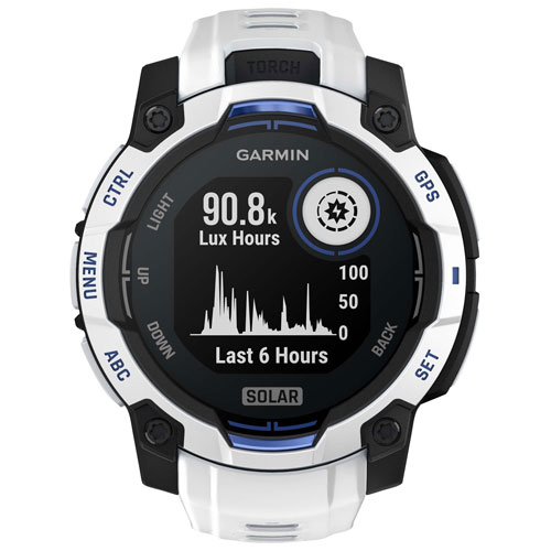 Montre intelligente multisport Bluetooth Instinct 3 Solar de 45 mm de Garmin - Blanc/Bracelet silicone bleu électrique