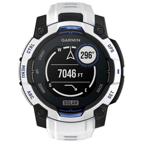 Montre intelligente multisport Bluetooth Instinct 3 Solar de 45 mm de Garmin - Blanc/Bracelet silicone bleu électrique