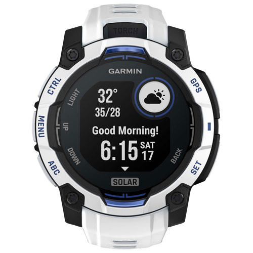 Montre intelligente multisport Bluetooth Instinct 3 Solar de 45 mm de Garmin - Blanc/Bracelet silicone bleu électrique