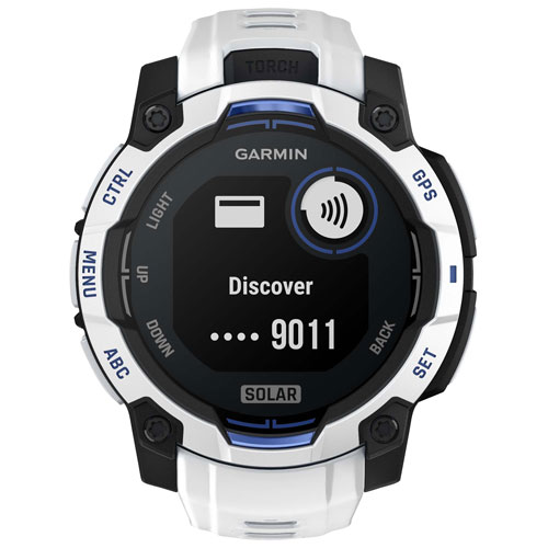 Montre intelligente multisport Bluetooth Instinct 3 Solar de 45 mm de Garmin - Blanc/Bracelet silicone bleu électrique