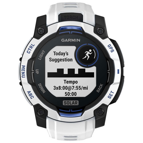Montre intelligente multisport Bluetooth Instinct 3 Solar de 45 mm de Garmin - Blanc/Bracelet silicone bleu électrique