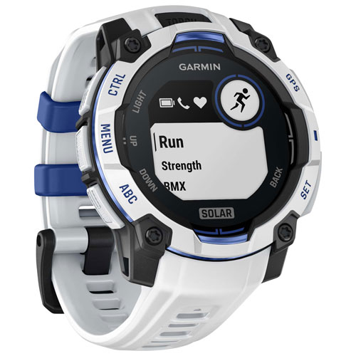 Montre intelligente multisport Bluetooth Instinct 3 Solar de 45 mm de Garmin - Blanc/Bracelet silicone bleu électrique