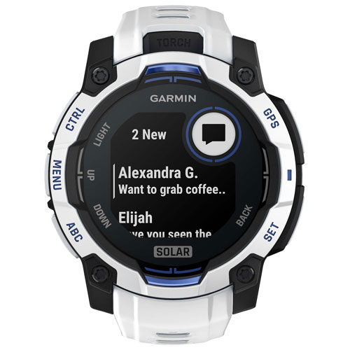 Montre intelligente multisport Bluetooth Instinct 3 Solar de 45 mm de Garmin - Blanc/Bracelet silicone bleu électrique