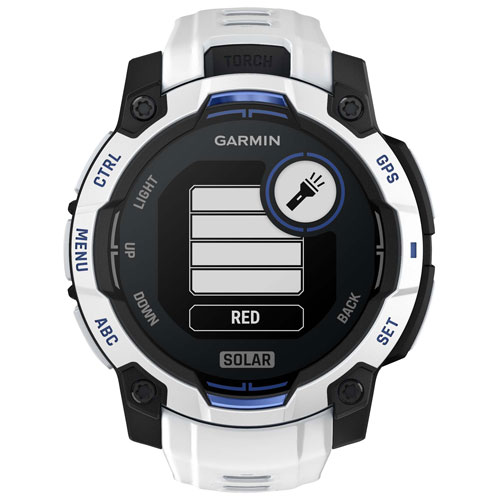 Montre intelligente multisport Bluetooth Instinct 3 Solar de 45 mm de Garmin - Blanc/Bracelet silicone bleu électrique