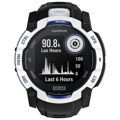 Montre intelligente multisport Bluetooth 50 mm Instinct 3 Solar de Garmin - Blanc/Noir/Bracelet en silicone bleu électrique