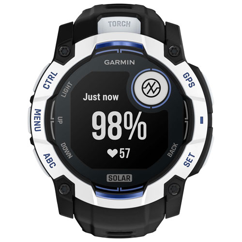 Garmin Instinct 3 Solar 50mm Bluetooth Multisport Smartwatch - White/Black/Bolt Blue Silicone Band