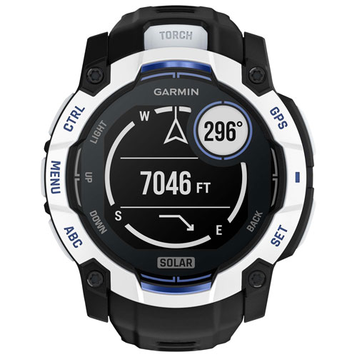 Montre intelligente multisport Bluetooth 50 mm Instinct 3 Solar de Garmin - Blanc/Noir/Bracelet en silicone bleu électrique