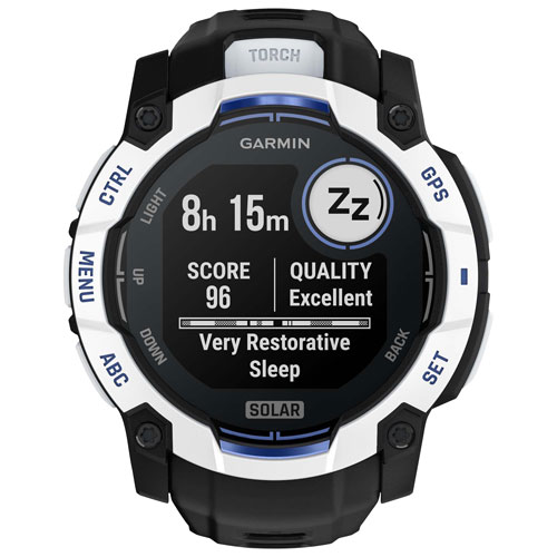 Montre intelligente multisport Bluetooth 50 mm Instinct 3 Solar de Garmin - Blanc/Noir/Bracelet en silicone bleu électrique