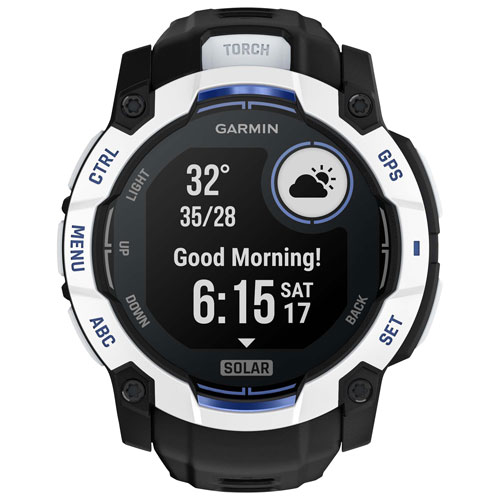 Garmin Instinct 3 Solar 50mm Bluetooth Multisport Smartwatch - White/Black/Bolt Blue Silicone Band