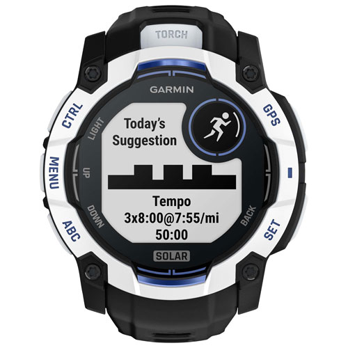 Montre intelligente multisport Bluetooth 50 mm Instinct 3 Solar de Garmin - Blanc/Noir/Bracelet en silicone bleu électrique