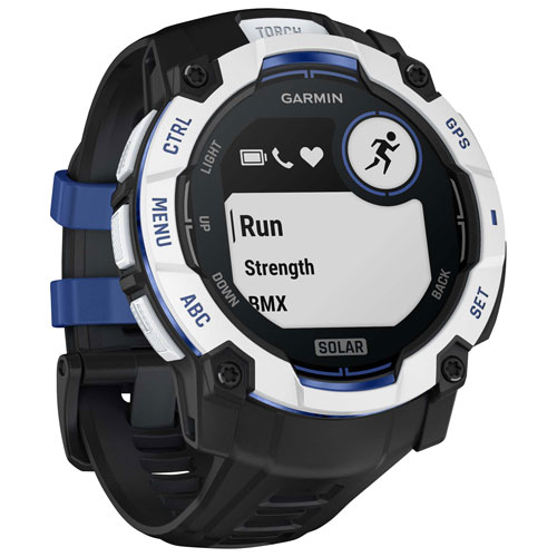 Montre intelligente multisport Bluetooth 50 mm Instinct 3 Solar de Garmin - Blanc/Noir/Bracelet en silicone bleu électrique