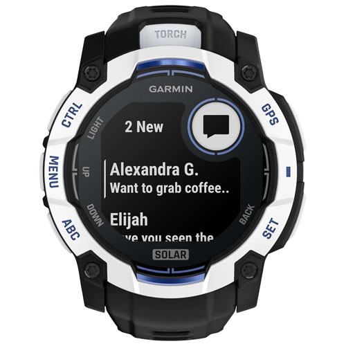 Montre intelligente multisport Bluetooth 50 mm Instinct 3 Solar de Garmin - Blanc/Noir/Bracelet en silicone bleu électrique
