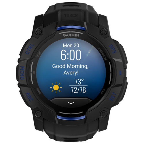 Montre intelligente multisport AMOLED Instinct 3 de 50 mm de Garmin - Noir/Bracelet silicone bleu électrique