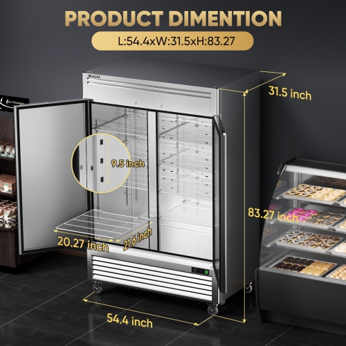 Coolski 54"W 2 Door Commercial Freezer, 49 Cu.ft Stainless Steel Reach-in Freezer