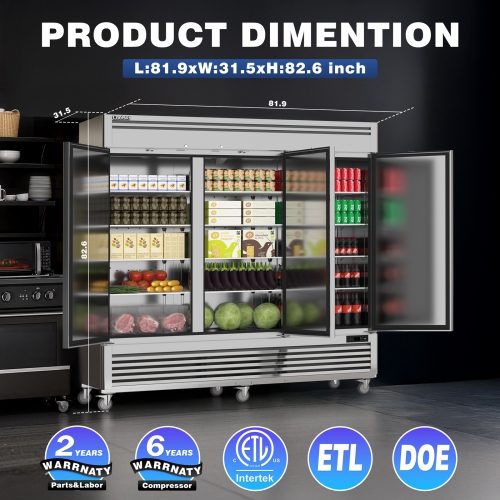 Coolski 82" W Commercial Freezer 72 Cu.ft 3 Door Reach-in Stainless Steel Commercial Freezer