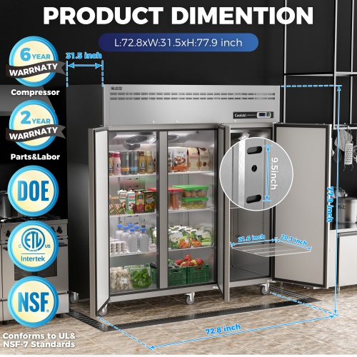 Coolski 72" W Commercial Refrigerator 3 Door, 54 Cu.ft Upright Refrigerator