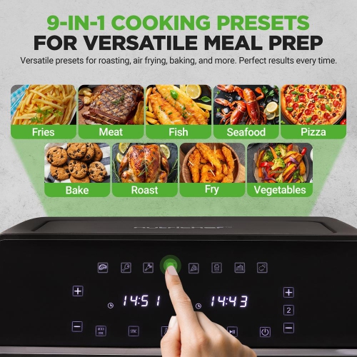 NutriChef Double Basket Air Fryer 8.8 QT | Family Size Oil Free Digital Cooker with Transparent Window | 9-1 Preset Cooking Options | 4.4 QTs per