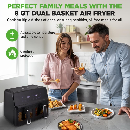 NutriChef Double Basket Air Fryer 8.8 QT | Family Size Oil Free Digital Cooker with Transparent Window | 9-1 Preset Cooking Options | 4.4 QTs per