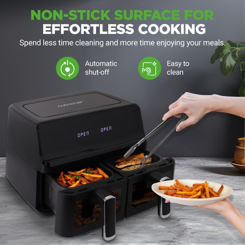 NutriChef Double Basket Air Fryer 8.8 QT | Family Size Oil Free Digital Cooker with Transparent Window | 9-1 Preset Cooking Options | 4.4 QTs per
