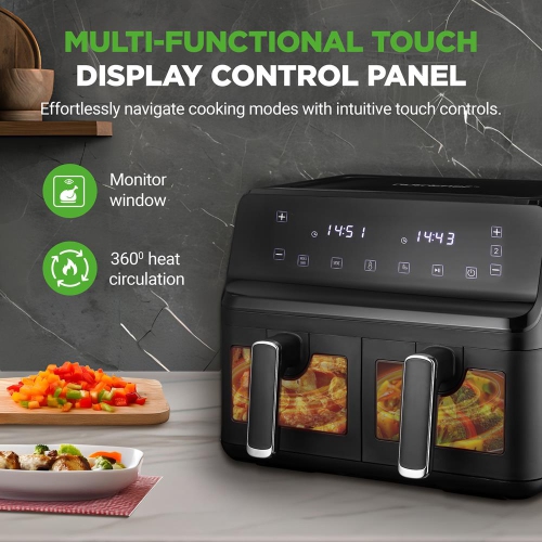 NutriChef Double Basket Air Fryer 8.8 QT | Family Size Oil Free Digital Cooker with Transparent Window | 9-1 Preset Cooking Options | 4.4 QTs per