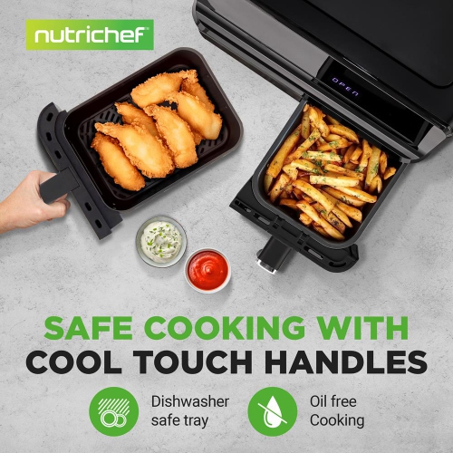 NutriChef Double Basket Air Fryer 8.8 QT | Family Size Oil Free Digital Cooker with Transparent Window | 9-1 Preset Cooking Options | 4.4 QTs per