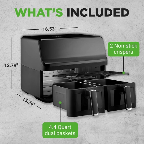 NutriChef Double Basket Air Fryer 8.8 QT | Family Size Oil Free Digital Cooker with Transparent Window | 9-1 Preset Cooking Options | 4.4 QTs per