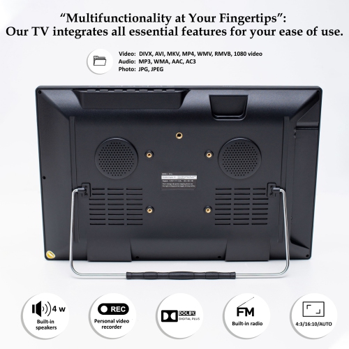 DenyDan 16-Inch Portable-Travel TV with Built-in Battery, Full HD, HDMI/USB/AV, 12V/24V/110V Power Options, Black