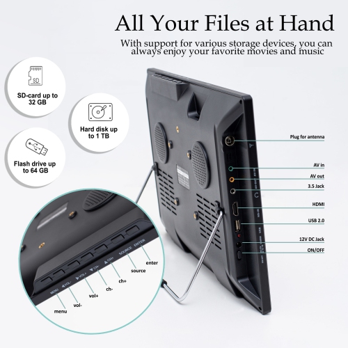 DenyDan 16-Inch Portable-Travel TV with Built-in Battery, Full HD, HDMI/USB/AV, 12V/24V/110V Power Options, Black