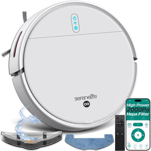 SereneLife Smart Robot Vacuum and Mop Combo, App Control, 3 Cleaning Modes, Anti-Fall Sensors, Self-Charging, 700Pa Suction Ideal for Pet Hair, Tile,