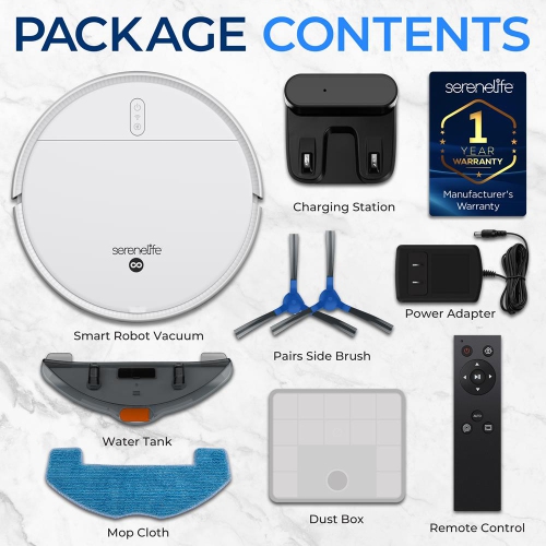 SereneLife Smart Robot Vacuum and Mop Combo, App Control, 3 Cleaning Modes, Anti-Fall Sensors, Self-Charging, 700Pa Suction Ideal for Pet Hair, Tile,