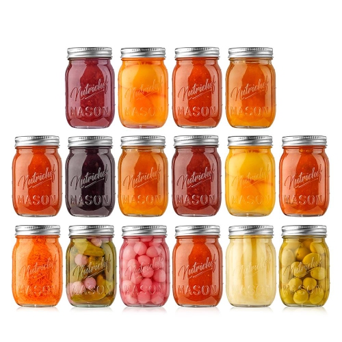 NutriChef 16 oz Mason Jars - 16pc Glass Jar with Lid, Airtight Screw Lids, Storage Glass Jars for Overnight Oats, Fruits, Jams, Drink Favors, Spice,